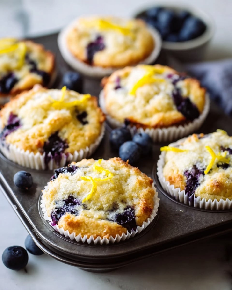 The image shows six blueberry muffins in white paper cups, arranged in a dark metal muffin tray. Each muffin has a golden-brown top with visible blueberries sunk into the soft, crumbly surface, and a few bright yellow lemon zest strips scattered on top. Additional fresh blueberries are placed around the tray. The background is a white marbled texture, creating a clean and bright setting that highlights the muffins. The focus is on the front muffins with a soft blur toward the back. Photo taken with an iphone --ar 4:5 --v 7