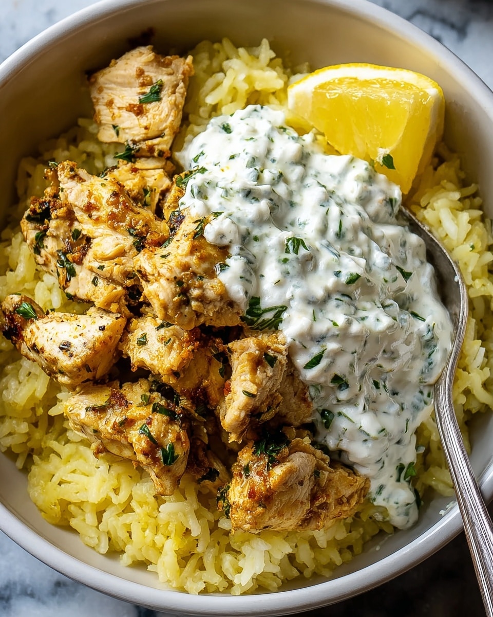 The dish shows a white bowl filled with three main layers: the bottom layer is soft yellow rice with a fluffy texture, the middle layer consists of chunky pieces of light brown cooked chicken with herbs sprinkled on top, and the top layer is a dollop of white sauce with green herb bits spread over the chicken. A wedge of yellow lemon sits on the edge of the bowl, and a metal spoon is partly buried in the rice. The bowl is set on a white marbled surface. Photo taken with an iphone --ar 4:5 --v 7