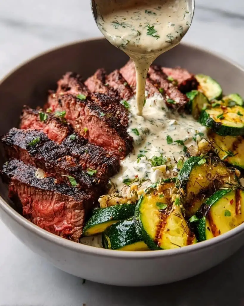 Grilled Steak Bowl with Creamy Herb Sauce and Grilled Zucchini Recipe