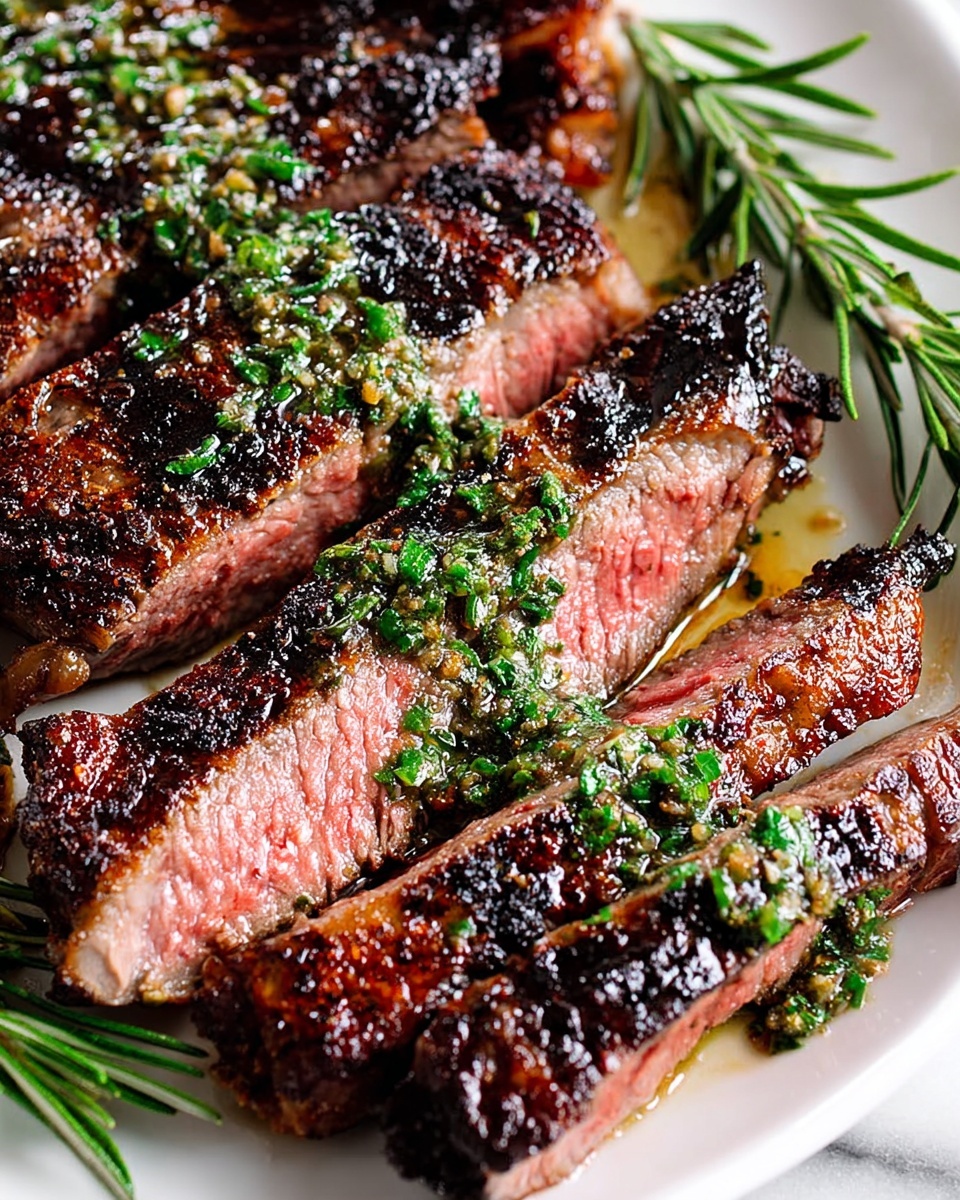 The image shows a close-up of sliced grilled steak on a white plate with a white marbled texture surface. The steak has a dark brown crust with grill marks and a shiny glaze on top. The inside of the steak is pink and juicy, with eight visible slices arranged side by side in the center of the plate. The steak is topped with green chopped herbs and coarse black pepper scattered on the surface. To the right side of the plate, there are fresh green rosemary sprigs placed beside the steak. The overall look is rich, tender, and savory with a slight shine from the glaze photo taken with an iphone --ar 4:5 --v 7
