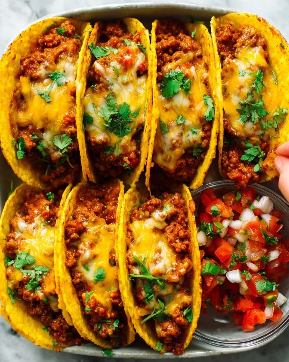 The image shows a close-up of seven yellow taco shells filled with cooked ground meat mixed with melted orange and white cheese on top, sprinkled with fresh green cilantro. The taco shells are arranged in two rows inside a white bowl, resting on a white marbled surface. To the side, there is a small clear glass bowl with fresh salsa made of red tomatoes, white onions, and green herbs. The scene is brightly lit, showing the glossy and slightly melted texture of the cheese and juicy look of the meat filling. A woman's hand is grabbing one taco from the bowl. photo taken with an iphone --ar 4:5 --v 7