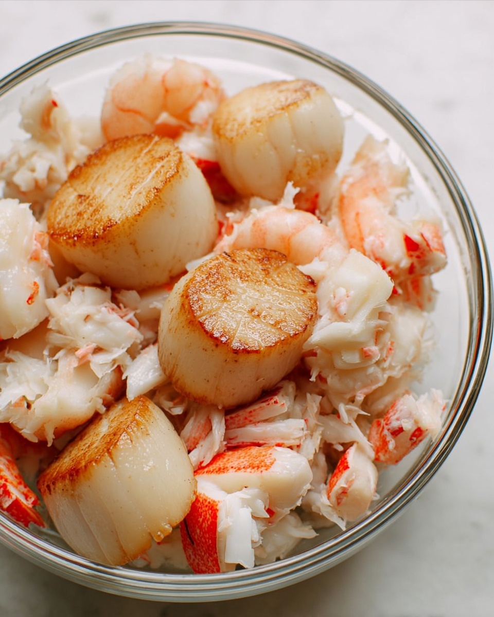 In a clear glass bowl on a white marbled texture, there is a mix of seafood pieces. The dish has large round seared scallops with a golden brown crust on the top and sides. Around these scallops are soft pink shrimp, slightly curled, showing their light reddish-orange shells. Scattered throughout are shredded pieces of white crab meat with bright red streaks, adding a touch of color contrast to the mostly pale seafood. The textures range from smooth and tender scallops to delicate crab flakes and firm little shrimp. photo taken with an iphone --ar 4:5 --v 7