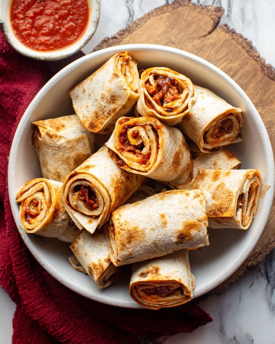 A white bowl filled with several pieces of rolled tortilla wraps, cut into bite-size sections showing a layered view of a reddish sauce and possibly meat inside. The wraps have a golden-brown toasted texture on the outside, and they sit on a white marbled surface. Next to the bowl, there is a small white bowl with red sauce, and a red cloth is partly visible nearby. Photo taken with an iphone --ar 4:5 --v 7