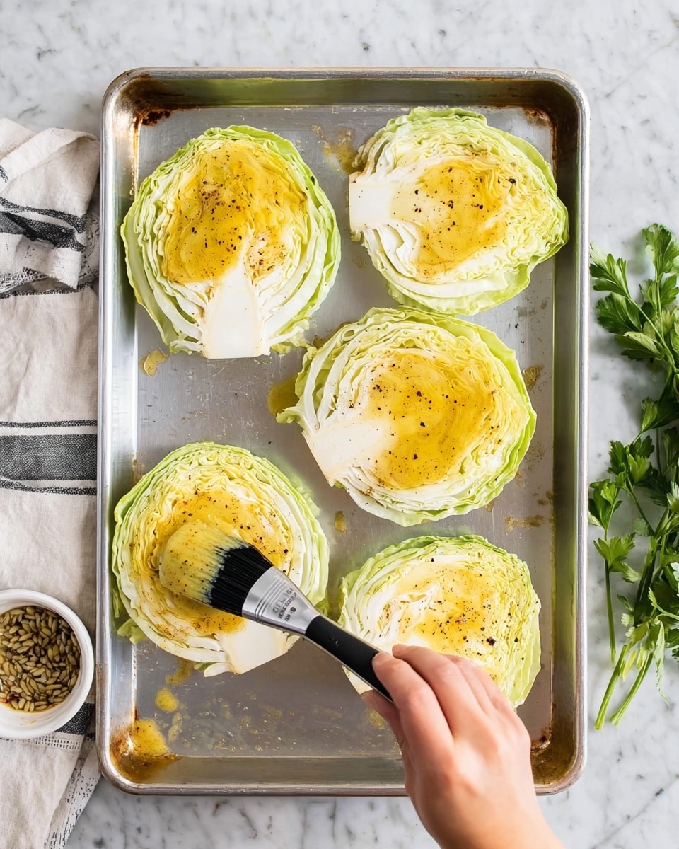 Five thick slices of cabbage lay spread out on a silver metal baking tray. Each cabbage slice has a light green and cream color with some leafy edges visible. A golden yellow sauce with specks of black pepper is brushed on the top of every cabbage slice. A woman's hand is holding a black brush with a silver handle, spreading the sauce on the middle cabbage slice. The tray rests on a white marbled surface, with a striped cloth on the left and some seeds and green parsley leaves scattered to the right. Photo taken with an iphone --ar 4:5 --v 7