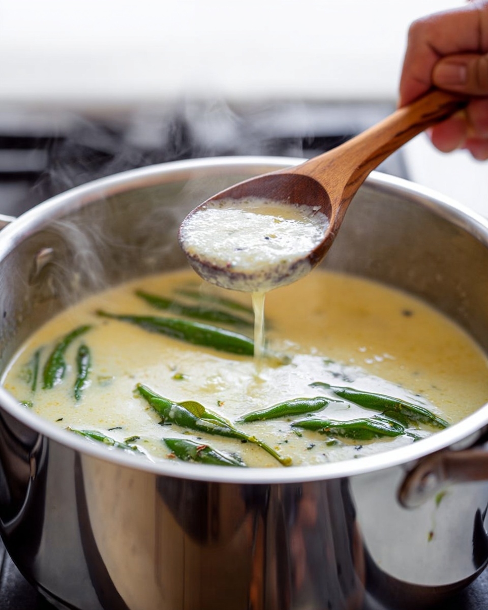 The image shows a close-up of a shiny stainless steel pot filled with a creamy soup or broth that is light yellow in color. Inside the pot, there are several whole green beans or snap peas floating on the surface, adding a fresh green color and texture to the dish. A woman's hand holds a wooden ladle spoon, lifting some of the creamy liquid which is slightly thick, with bits of herbs or spices visible in the soup. The background is softly blurred, focusing attention on the pot and ladle. The pot sits on a white marbled surface, and steam rises gently from the hot soup. photo taken with an iphone --ar 4:5 --v 7