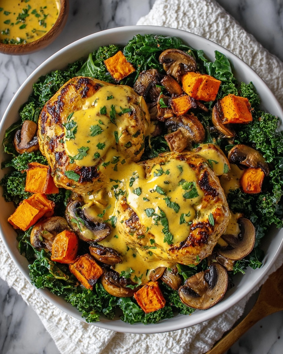 A white bowl filled with a bed of dark green cooked kale as the bottom layer, topped with grilled mushrooms and bright orange roasted sweet potato cubes scattered around. On top, two pieces of browned grilled chicken round patties are placed side by side, covered with a yellow creamy sauce sprinkled with chopped green herbs. The bowl sits on a white textured cloth over a white marbled surface. Photo taken with an iphone --ar 4:5 --v 7