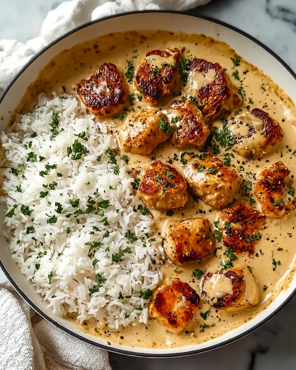 The image shows a white pan with a black rim filled with cooked white rice forming a semi-circle on one side, and golden brown chicken pieces covered in a creamy light tan sauce spread over the other side of the rice and pan. The chicken is seared with a slightly crispy texture on top, and the sauce is smooth with small black pepper specks and green herb bits sprinkled on top, adding a fresh look. The pan is placed on a white marbled surface with a corner of a white cloth visible nearby. Photo taken with an iphone --ar 4:5 --v 7