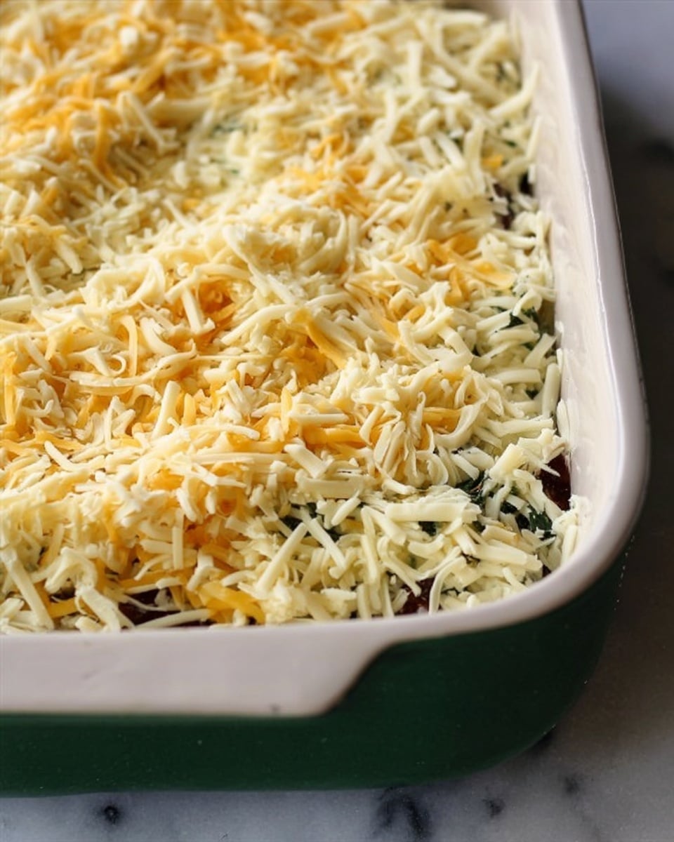 A close-up shot shows a green and white baking dish filled with a layered casserole. The top layer is covered with a mix of shredded yellow and white cheese, evenly spread, with some small bits of dark ingredients visible underneath. The surface appears soft and textured with the cheese strands clearly visible. The dish sits on a white marbled surface. Photo taken with an iphone --ar 4:5 --v 7
