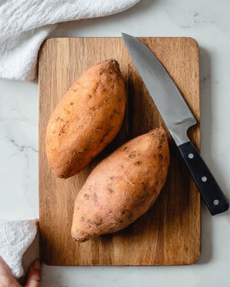 The image shows a black baking tray lined with white parchment paper placed on a white marbled surface. On the tray are many roasted sweet potato fries, arranged spread out in a single layer. The fries are orange with dark seasoning specks and some edges are browned, showing a crispy texture. Near the top right corner of the tray, there is a small round white bowl filled with a smooth light beige dipping sauce. The photo is taken with an iphone --ar 4:5 --v 7