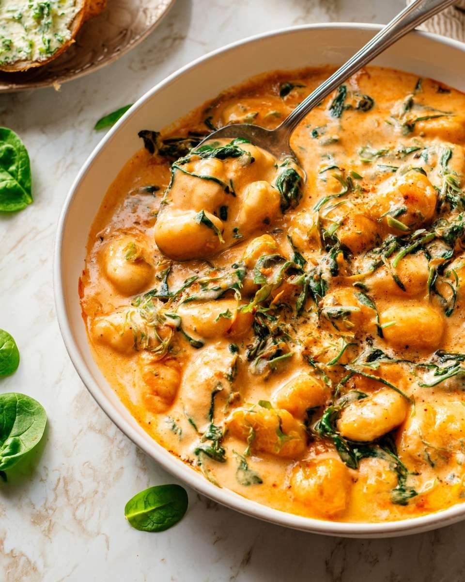The image shows a white shallow dish filled with a thick, creamy orange sauce that covers soft gnocchi pieces. The sauce has green herb pieces, likely basil, scattered on top and mixed within, creating green streaks and small leaf shapes throughout. The gnocchi are plump and slightly rounded, visible under the sauce. A silver spoon is partially sunk into the sauce on the left side of the dish, scooping some gnocchi with sauce dripping around it. The dish is set on a white marbled surface, adding a soft texture below. Photo taken with an iphone --ar 4:5 --v 7