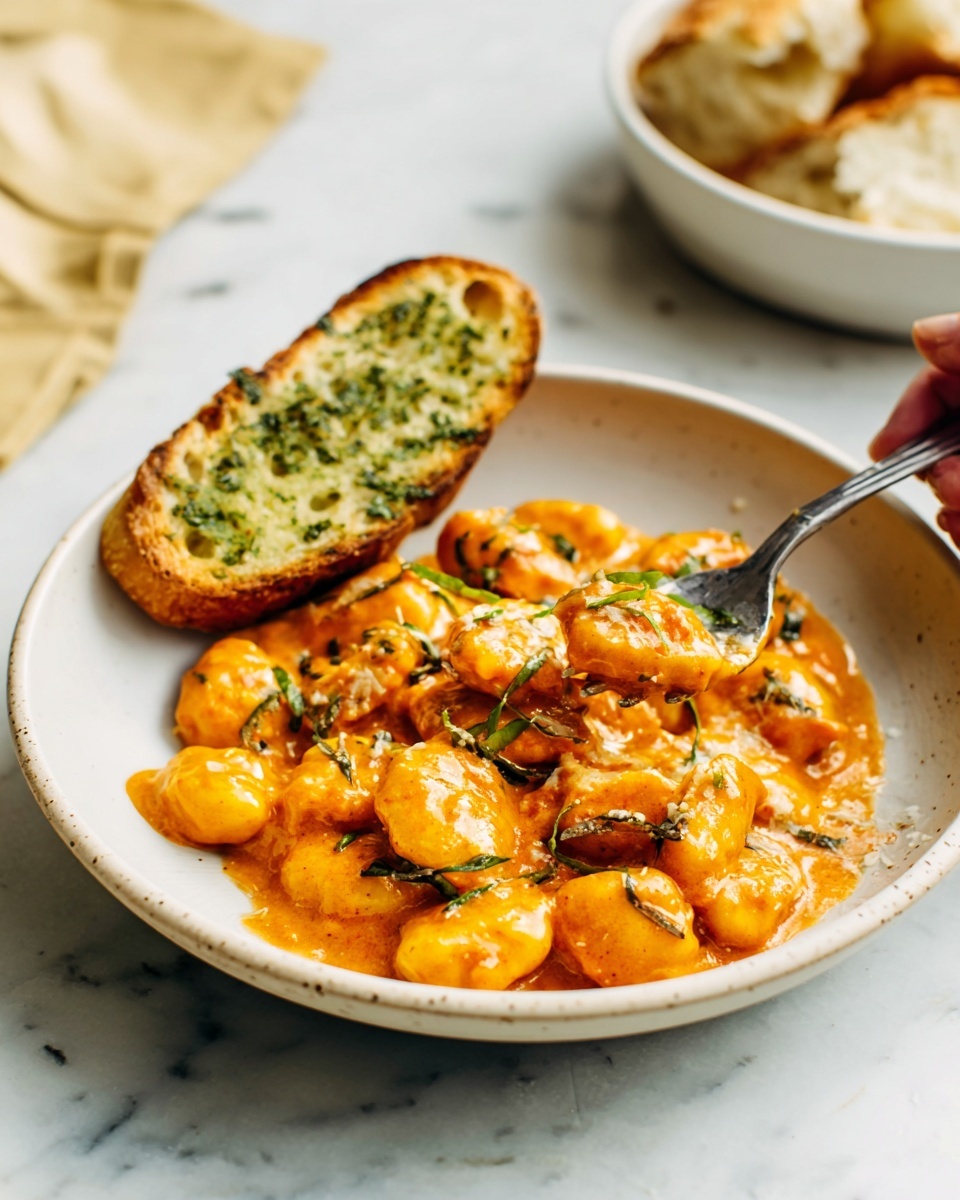 The dish shows a white plate with a creamy orange sauce full of small, round pieces of food that look soft and cooked through. The sauce has a smooth and thick texture with some herbs sprinkled on top for color. On one side of the plate, there are two small pieces of toasted bread topped with green herbs, adding a fresh look to the dish. A silver spoon rests on the edge of the plate, ready to scoop the food. The background features a white marbled texture, giving a clean and simple setting. photo taken with an iphone --ar 4:5 --v 7