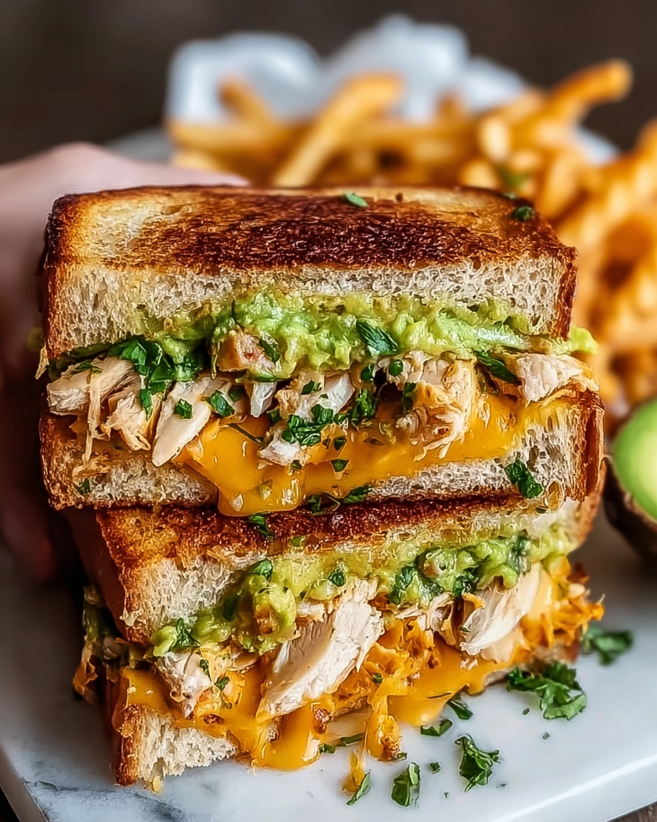 A tall stack of four toasted sandwich halves is placed vertically on a white marbled surface. Each sandwich is made with golden brown toasted bread that looks crispy. Inside each layer, there is melted orange cheese mixed with shredded fillings that seem light brown and soft. Bright green slices of avocado peek through in the middle layers, adding fresh color. On the left side of the stack, a small white bowl filled with red sauce is visible, and to the right, a halved avocado with its seed and a few dark olives lay on the surface. The background is a clean white marbled texture, and a woman's hand holding the top sandwich is gently touching it. Photo taken with an iphone --ar 4:5 --v 7