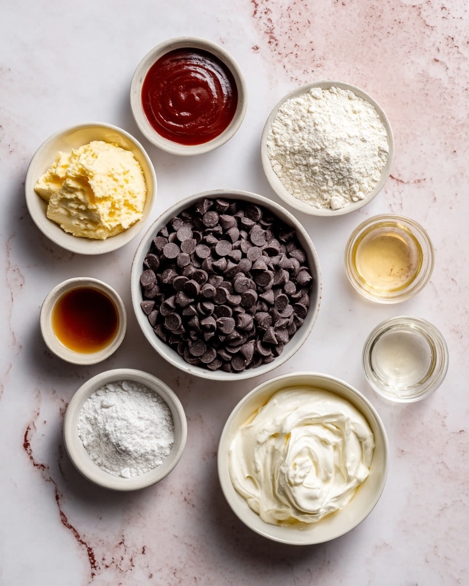 A white bowl filled with dark chocolate chips is in the center surrounded by smaller white bowls containing red sauce, powdered sugar, yellow creamy spread, white flour, salt, clear liquid, brown liquid, and thick white cream. All bowls are placed on a white marbled surface. The arrangement is neat, showing different colors and textures like smooth, powdery, and liquid in a balanced way. Photo taken with an iphone --ar 4:5 --v 7