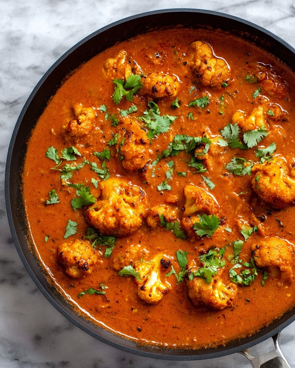 The image shows a black pan filled with thick reddish-orange curry sauce. Inside the sauce are several browned cauliflower florets, covered partially by the sauce and sprinkled with fresh green cilantro leaves. The sauce has a smooth texture with some visible spices, and the cauliflower pieces vary in size, appearing tender and well cooked. The pan sits on a white marbled surface. photo taken with an iphone --ar 4:5 --v 7