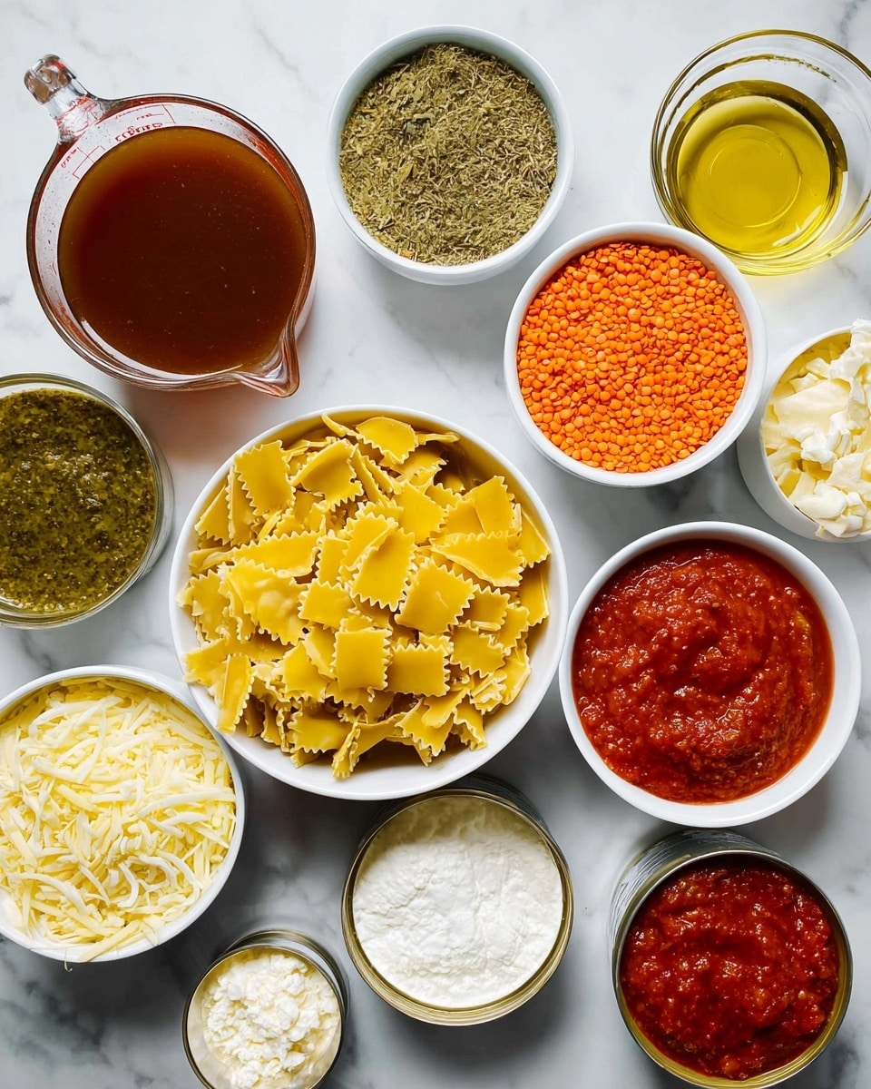 The image shows several small white bowls and containers arranged on a white marbled surface, each filled with different ingredients for cooking. There is a clear glass measuring cup with dark brown broth on the left side. In the middle, a white bowl holds uncooked wavy lasagna pasta strips in yellow color. Surrounding it are small white bowls with bright orange lentils, chopped white onions, green pesto sauce, yellow grated cheese, white ricotta cheese, and a mix of dried herbs with minced garlic. Two open cans of red crushed tomatoes are placed next to a small glass bowl with olive oil and another small glass bowl containing thick red tomato paste. The overall look is colorful with various textures and shades, clearly showing raw ingredients before cooking. photo taken with an iphone --ar 4:5 --v 7