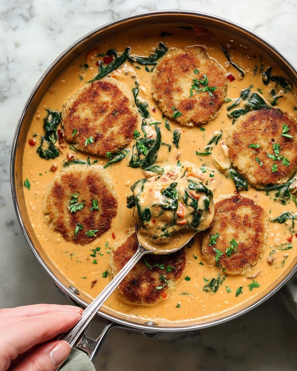 A round pan with a shiny handle holds six golden-brown fried patties floating in a creamy orange sauce with green spinach leaves mixed in. The sauce looks thick and smooth with small red bits inside, and fresh chopped green herbs are sprinkled on top. A woman's hand is holding a spoon lifting some sauce and small bits of spinach from the pan, showing the texture clearly. The background has a white marbled texture. photo taken with an iphone --ar 4:5 --v 7