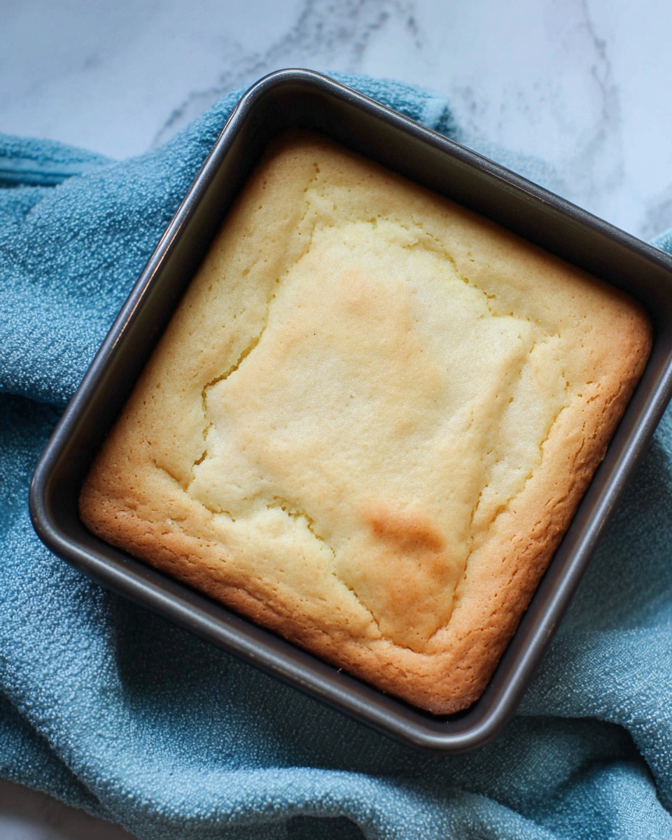 A square baked cake with a light golden color and slightly cracked surface sits in a dark metal baking pan. The cake has a soft, smooth top layer with faint browning around the edges showing it is cooked. The pan rests on a textured light blue cloth, and the background is a white marbled surface. photo taken with an iphone --ar 4:5 --v 7