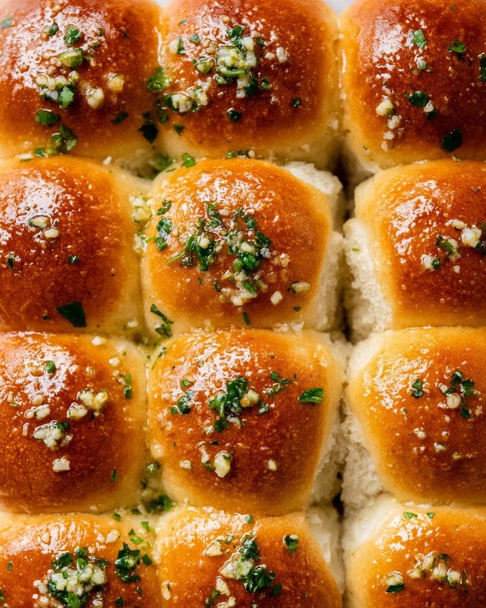 The image shows a close-up of nine golden brown soft dinner rolls arranged in a 3x3 grid. Each roll has a shiny, slightly glossy surface with a smooth texture and is topped with small bits of finely chopped garlic and fresh green parsley scattered unevenly. The rolls are touching each other, with visible white soft dough peeking between them. The whole set sits on a white marbled surface. photo taken with an iphone --ar 4:5 --v 7
