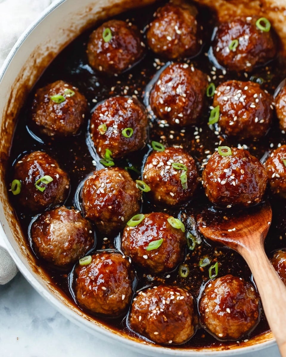 The image shows a white pan filled with about fifteen shiny, caramelized meatballs covered in a thick dark brown sauce. The sauce looks sticky and glistens under the light. The meatballs have a slightly rough texture and are garnished with small pieces of green onion and white sesame seeds scattered on top. A wooden spoon is partially visible at the bottom right, stirring or resting in the sauce. The background surface under the pan has a white marbled texture. photo taken with an iphone --ar 4:5 --v 7