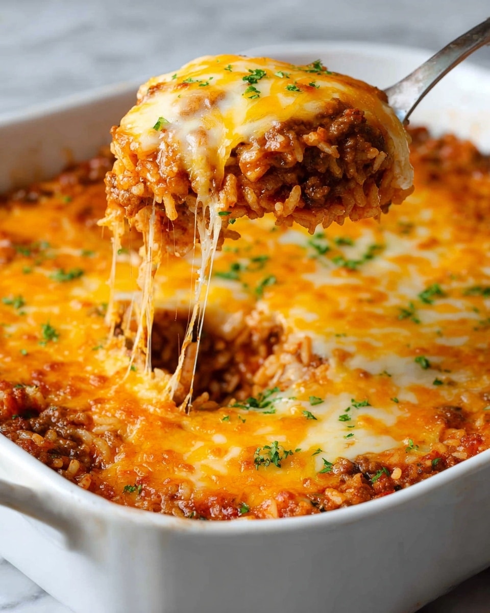 The image shows a white baking dish filled with a layered casserole. The bottom layer is a rich, brown meat sauce mixed with rice that looks well-cooked and slightly saucy. Above that is a thick layer of melted cheese in orange and light yellow shades that covers the dish fully, with some parts browned and bubbly from baking. Small green herb sprinkles are scattered on top for color and texture. A metal spoon is lifting a portion, showing melted cheese strands stretching from the dish, revealing the textured sauce and rice underneath. The entire setup is on a white marbled surface. Photo taken with an iphone --ar 4:5 --v 7