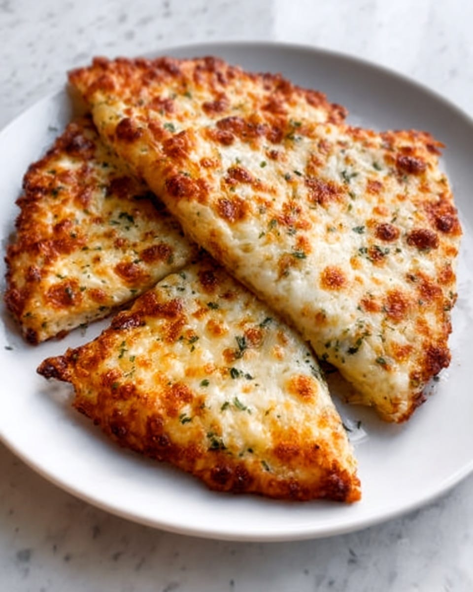 A white plate on a white marbled surface holds two slices of pizza stacked slightly on top of each other. The pizza has a thick, golden-brown crust with bubbly, melted cheese evenly covering the top. The cheese is a mix of white and light yellow with some browned spots from baking. Small bits of green herbs are scattered on the cheese. The photo is taken with an iphone --ar 4:5 --v 7