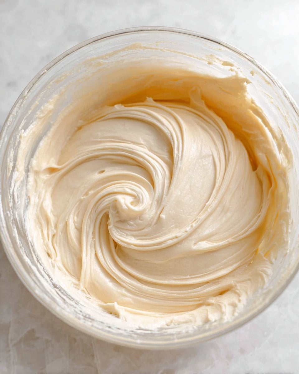 The image shows a close-up of a thick, smooth, creamy light beige frosting swirled inside a glass bowl. The surface of the frosting has soft, wavy textures with visible spatula marks creating a gentle wave pattern, and the edges of the bowl have some frosting residue. The bowl is placed on a white marbled textured surface. Photo taken with an iphone --ar 4:5 --v 7