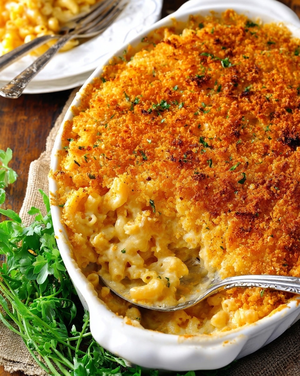 A white oval baking dish filled with baked macaroni and cheese topped with a thick, golden-brown crumb crust that looks crispy and crunchy. A scoop has been removed from the dish, showing soft, creamy macaroni pasta coated in melted cheese underneath the crispy topping. A large spoon is inside the dish scooping some of the macaroni. The dish sits on a wooden table with green leafy herbs nearby, and a white plate with macaroni and cheese and a silver fork is partially visible in the background. The photo is taken with an iphone --ar 4:5 --v 7
