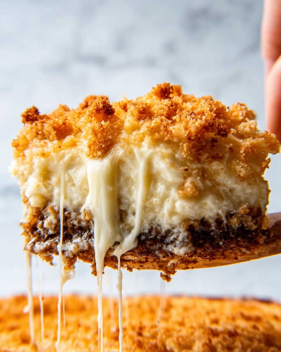 A close-up view of a spoonful of baked macaroni and cheese held above a white marbled surface. The dish has two layers: the top layer is golden-yellow melted cheese with slightly browned spots and small green herbs sprinkled on top, giving it a crispy texture. Underneath, creamy, pale yellow macaroni pasta is visible, soft and covered in smooth cheese sauce, with some cheese stretching down from the spoon. The background shows the white baking dish filled with more macaroni and cheese. Photo taken with an iphone --ar 4:5 --v 7