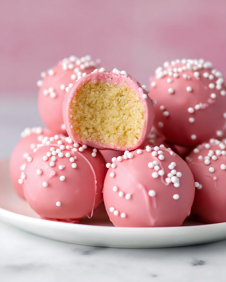 A close-up view of round cake balls coated in smooth pink chocolate with small white round sprinkles scattered on the surface; one cake ball is broken open at the top, showing a crumbly, pale yellow inside. The cake balls rest on a white plate set on a white marbled surface with a soft pink background. A single cake ball is placed slightly in the foreground, out of focus, while the rest are neatly arranged on the plate, showcasing the texture and colors clearly. photo taken with an iphone --ar 4:5 --v 7