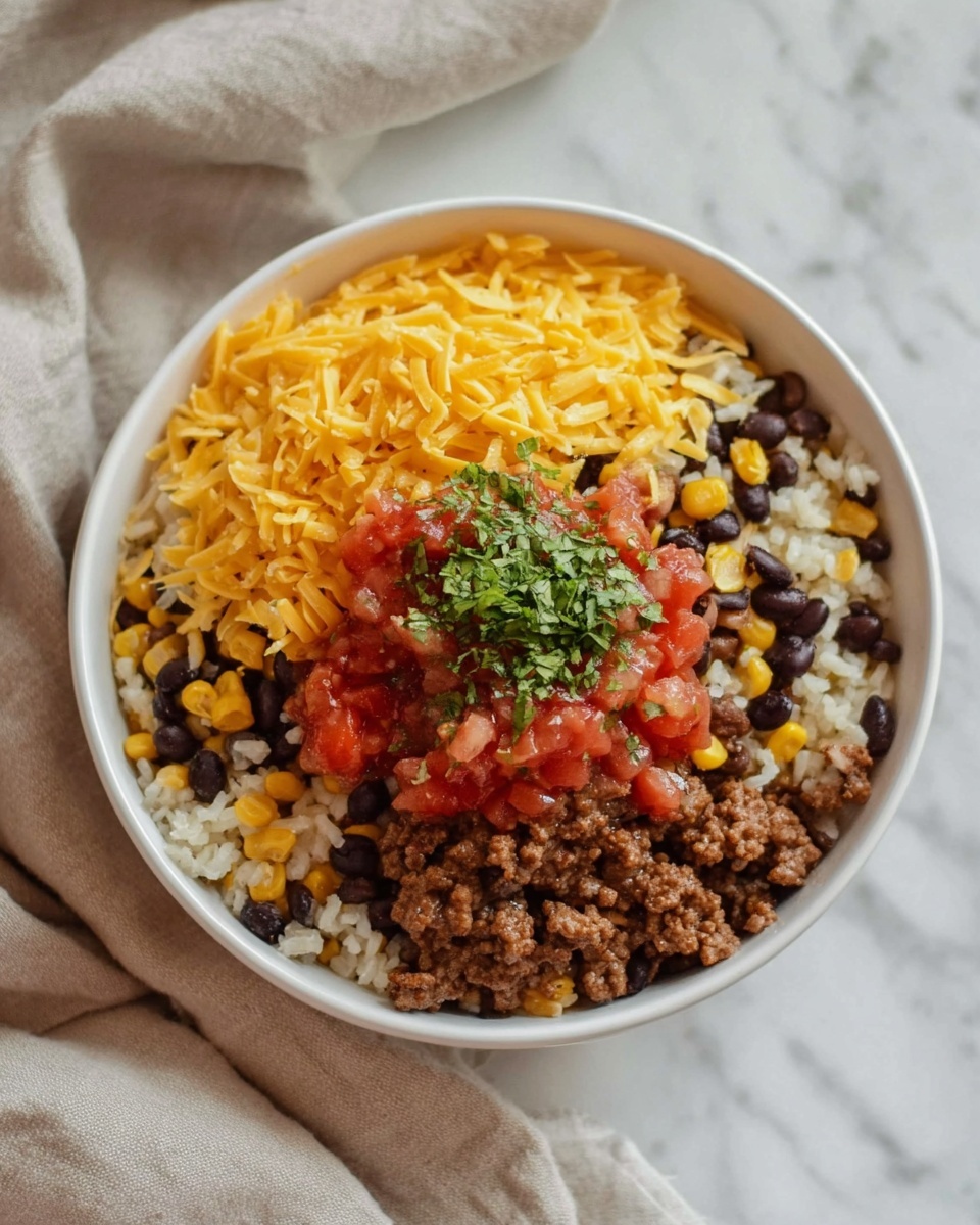 A white bowl filled with a layered dish starting with a base of cooked rice mixed with black beans and small corn kernels. On top of the rice layer, there is cooked ground meat mixed with more corn and beans. The next layer is a generous pile of shredded yellow cheese spread evenly. In the center, there is a bright red salsa made of diced tomatoes with bits of onion and chopped fresh green herbs sprinkled over it. The bowl sits on a white marbled surface with a beige cloth nearby. photo taken with an iphone --ar 4:5 --v 7