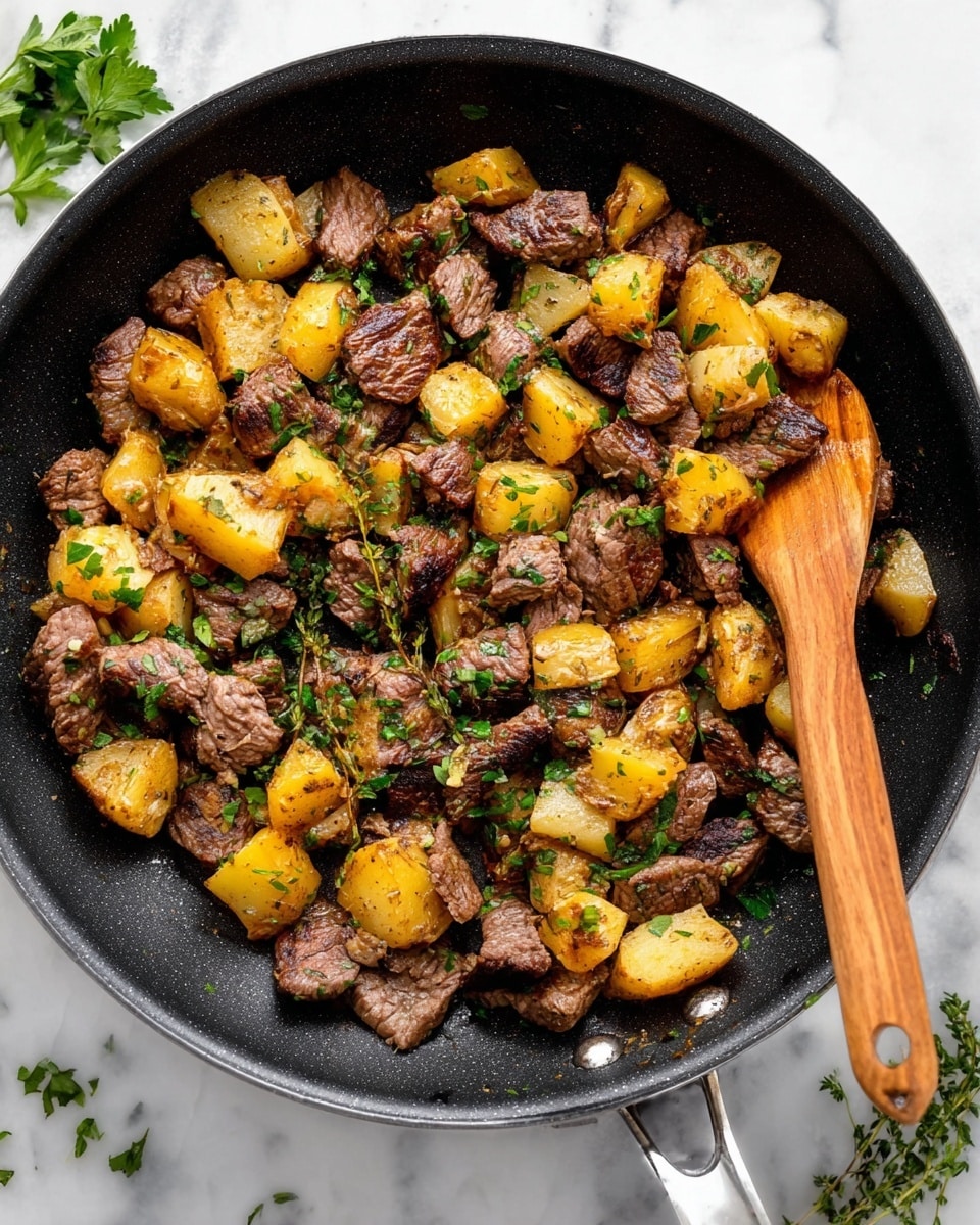 A close-up top view of a black frying pan filled with cooked diced beef pieces and golden brown small potato chunks, mixed together and sprinkled with chopped green herbs. A wooden spoon rests inside the pan on the right side, partially stirring the ingredients. The pan is set on a white marbled surface with some green herb leaves scattered around. photo taken with an iphone --ar 4:5 --v 7