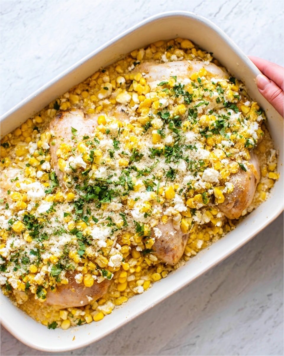 The image shows a white baking dish filled with three whole cooked chickens at the bottom layer, topped by a thick layer of creamy corn mixed with small green herbs and sprinkled with white grated cheese. The topping has a slightly chunky texture with vibrant yellow corn and fresh green herb pieces scattered evenly. The whole dish sits on a white marbled surface, and a woman's hand is holding the dish from the side. Photo taken with an iphone --ar 4:5 --v 7