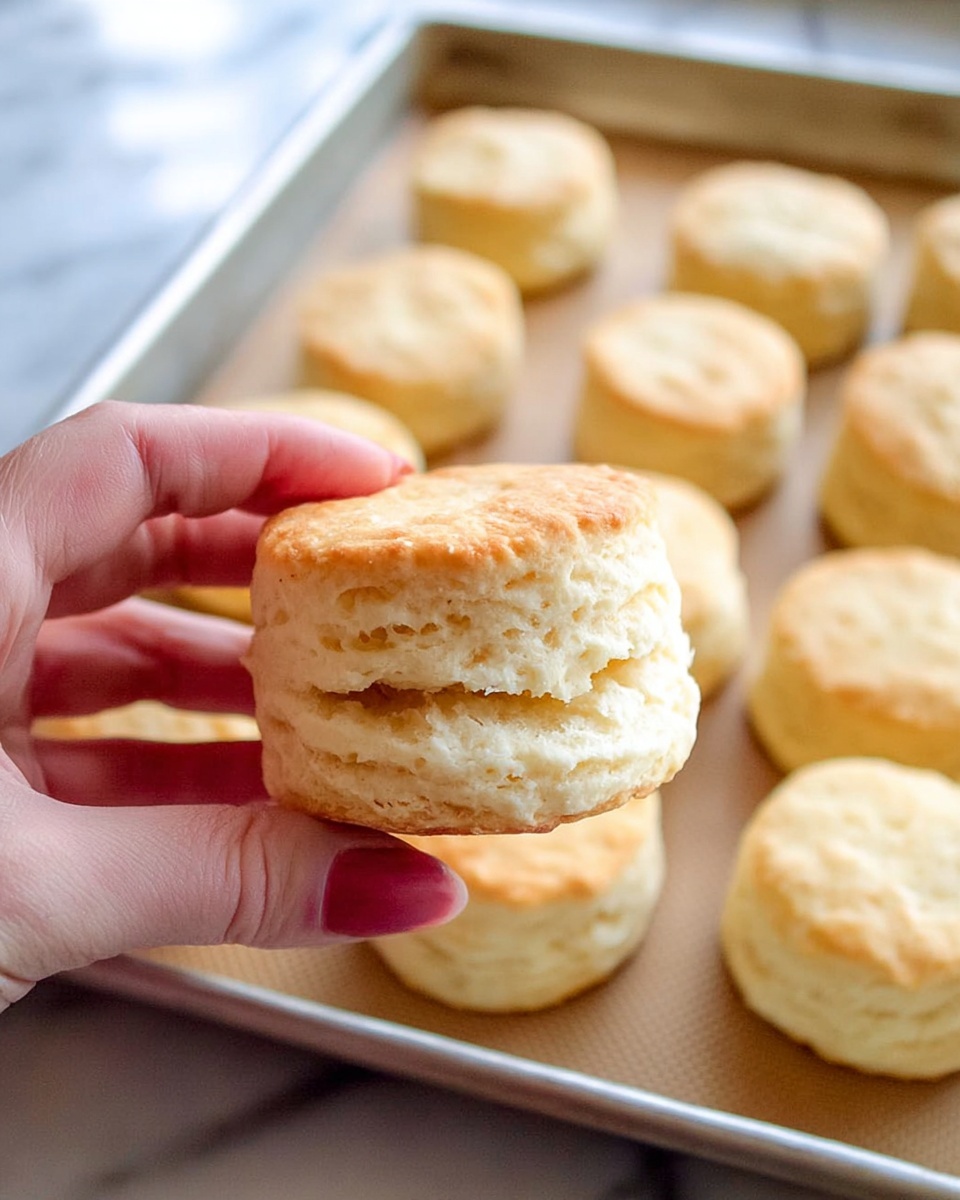 A close-up of a woman's hand holding a single biscuit with two layers, the top and bottom layers are light golden brown with a soft, fluffy texture, showing a slight split in the middle layer. In the background, there is a metal tray lined with a non-stick mat filled with multiple similar round biscuits, all light golden on top with a soft cream-colored bottom. The setting is on a white marbled surface. photo taken with an iphone --ar 4:5 --v 7