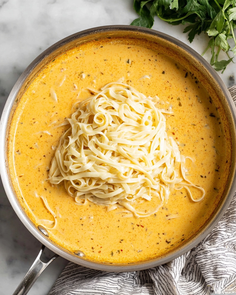 A close-up top view of a large metal pan filled with a creamy orange-yellow sauce, spread evenly around the edges with some small specks of herbs and spices visible. In the center of the pan, there is a pile of soft, pale yellow pasta noodles, loosely layered and slightly overlapping each other, sitting on top of the sauce. The pan rests on a white marbled surface with a gray and white striped cloth partially visible underneath it. Some fresh green herb leaves are seen in the top right corner, slightly out of focus. Photo taken with an iphone --ar 4:5 --v 7