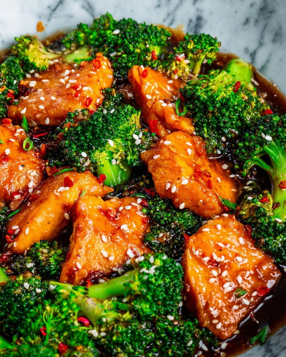Chinese Chicken and Broccoli Stir-Fry Recipe 5 The image shows a close-up of a dish with several bright orange chicken fillets spread across the frame, coated in a glossy sauce with small pieces of red chili on top. Around and under the chicken are vibrant green broccoli florets, some partially submerged in the dark sauce, creating a mix of smooth and rough textures. White sesame seeds are sprinkled evenly over the chicken and broccoli, adding small white dots over the colorful layers. The food is shown on a surface with a white marbled texture. photo taken with an iphone --ar 4:5 --v 7