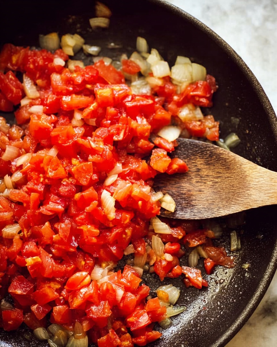 The image shows a dark pan filled with diced cooked tomatoes and translucent chopped onions. The tomatoes are bright red and slightly soft, while the onions are small white pieces with a golden-brown tint. A wooden spoon with a worn texture rests on the right side of the pan, partly touching the mixture. The background surface is a white marbled texture photo taken with an iphone --ar 4:5 --v 7