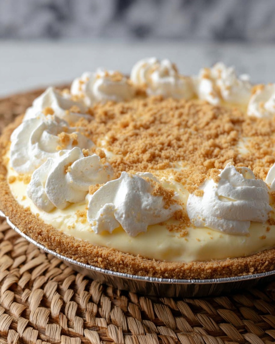 The image shows a pie with three main layers visible. The bottom layer is a light brown, firm pie crust that forms the base and sides. On top of this is a creamy, pale yellow filling layer that looks smooth and dense. The top layer is made of white dollops of whipped cream, arranged around the edge and spread across the surface. Finally, there is a sprinkling of light brown crumb topping spread evenly over the whipped cream layer. The pie is placed on a woven mat with a white marbled background. photo taken with an iphone --ar 4:5 --v 7