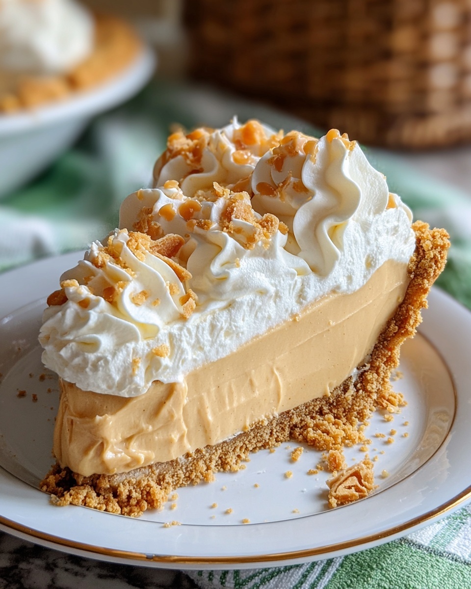 A slice of pie with three visible layers sits on a white plate with a gold rim, placed on a white marbled surface. The bottom layer is a crumbly golden crust that holds the pie together with some crumbs around the edge. The middle layer is thick and smooth, colored light caramel or tan, with a creamy texture. The top layer has white whipped cream piped in soft swirls, decorated with small caramel-colored shreds and more crumbly golden pieces scattered on top. The background is softly blurred, showing woven material and a cloth in soft green and white checks. photo taken with an iphone --ar 4:5 --v 7