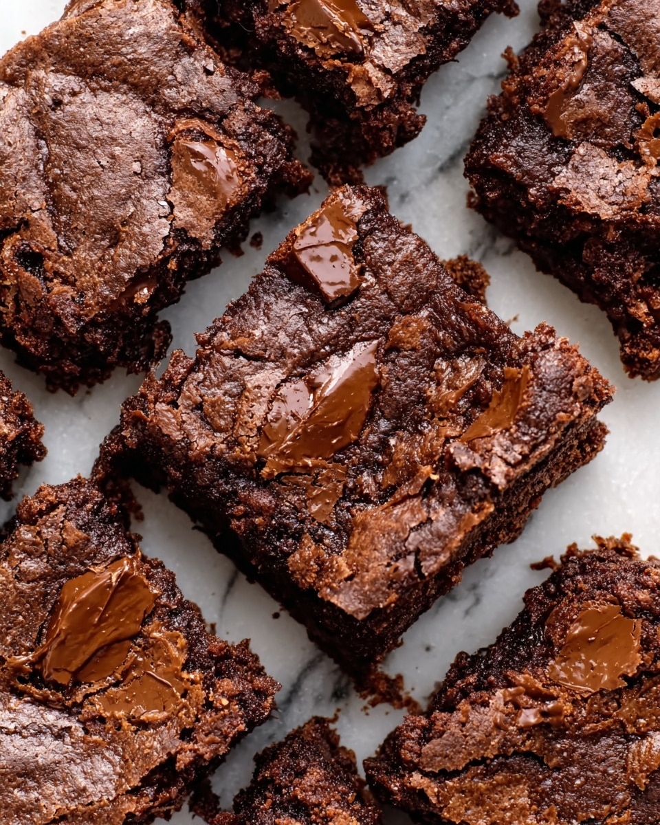The image shows several pieces of chocolate brownies cut into squares, arranged close together on a white marbled surface. Each brownie square has a dark brown top with a slightly cracked, shiny texture and melted chocolate chunks on top. The edges of the brownies look firmer, while the inside looks moist and soft with a rich, chocolaty color. The pieces are closely positioned, showing rough, crumbly side textures. Photo taken with an iphone --ar 4:5 --v 7