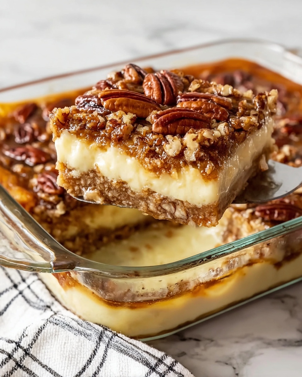 This image shows a close-up slice of a pecan dessert with three clear layers in a clear glass dish against a white marbled surface. The top layer is a golden-brown crust covered with whole and broken pecan halves, glistening with a sticky syrup. The middle layer is thick, smooth, and creamy, pale yellow in color with a glossy texture. The bottom layer appears to be a darker brown, possibly soaked with syrup, and looks moist and slightly crumbly. A silver fork lifts the slice, pressing slightly into the dessert, emphasizing the layers and syrup dripping down. Photo taken with an iphone --ar 4:5 --v 7