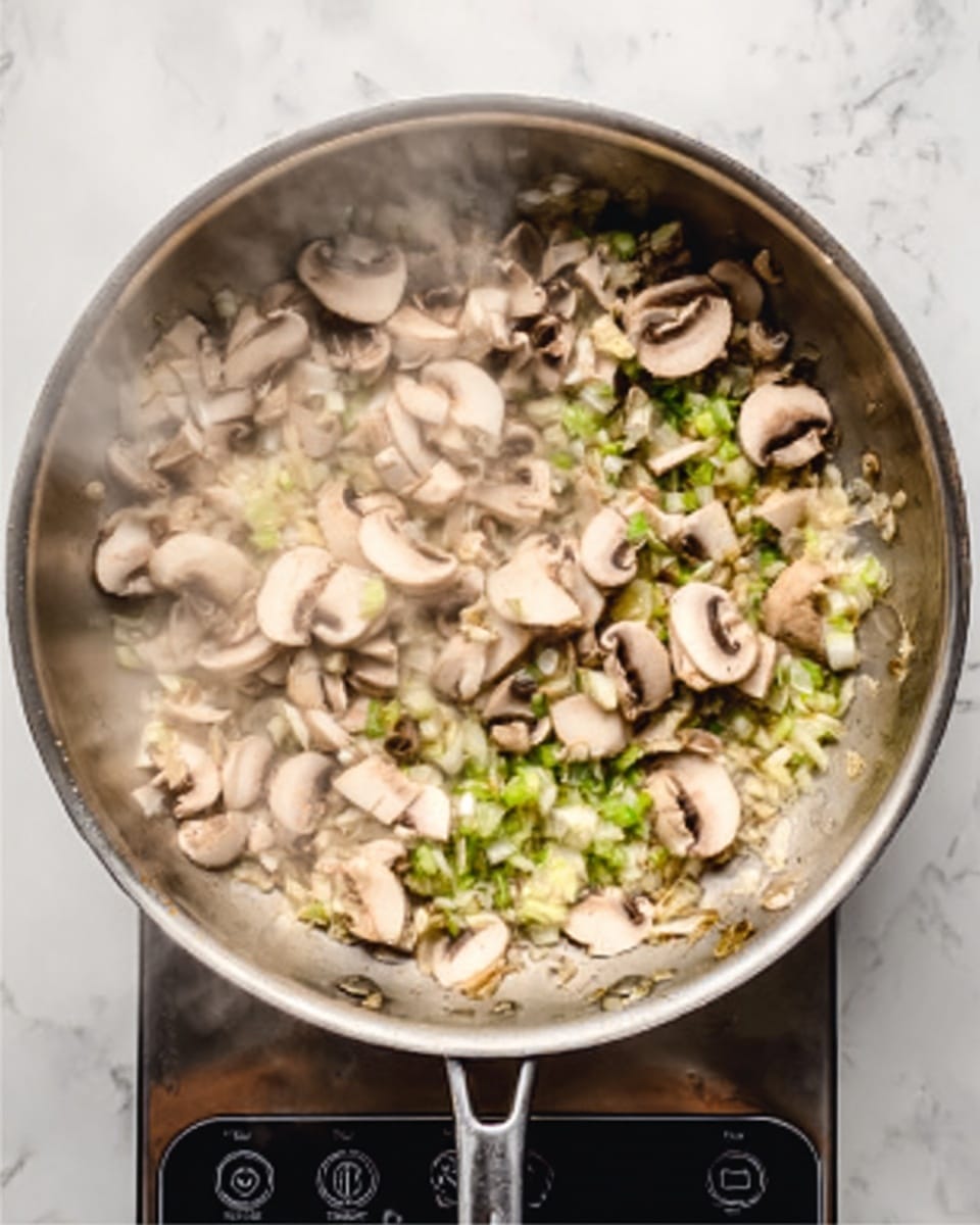 The image shows a large silver pan on a white marbled surface with sliced light brown mushrooms and finely chopped light green onions cooking inside. Steam rises softly from the mixture. The mushrooms and onions are spread evenly across the pan, showing a mix of textures from the smooth mushroom caps to the slightly rough onion pieces. There is a clear view of the stove control panel below the pan. Photo taken with an iphone --ar 4:5 --v 7