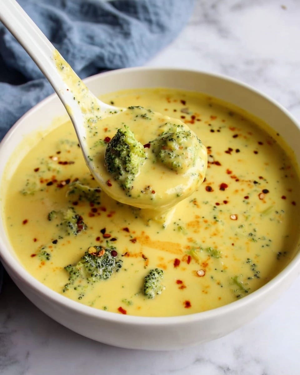 A white bowl filled with creamy yellow soup with a smooth texture, containing small green broccoli pieces scattered evenly throughout. The soup has tiny red and black spice flakes sprinkled on the surface, adding contrast to the yellow color. A white ladle lifts a portion of the thick soup, showing broccoli chunks covered in the sauce. The background is a white marbled surface with a soft blue cloth partly visible on the top left corner. Photo taken with an iphone --ar 4:5 --v 7