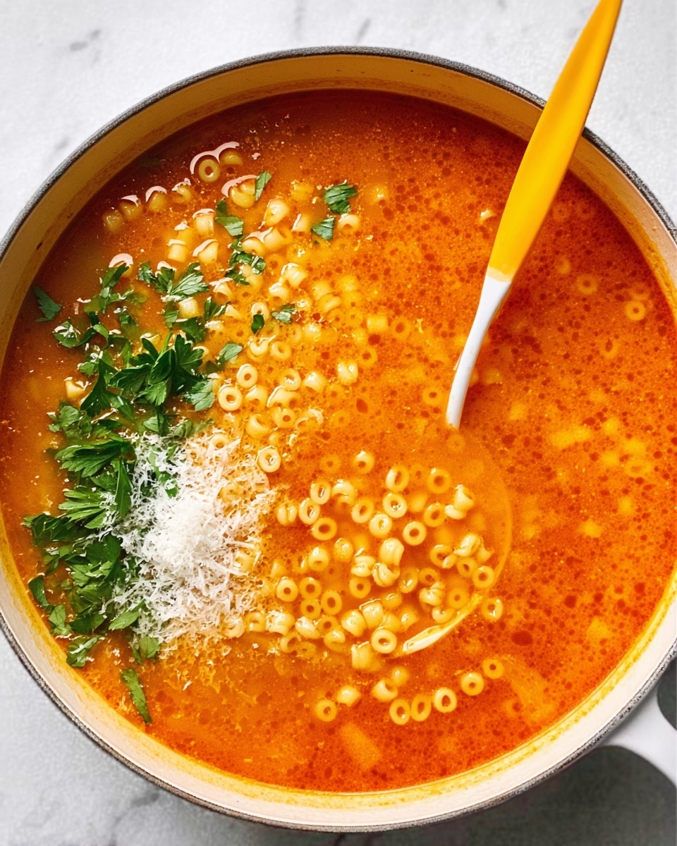 A white pot filled with orange soup with small round pasta floating on the surface. The soup has a rich, smooth texture with a shiny look. Fresh green parsley leaves are sprinkled on one side of the soup, with a small pile of white grated cheese next to it. A yellow spoon with a white handle rests in the pot, partially submerged in the soup. The background is a white marbled texture. Photo taken with an iphone --ar 4:5 --v 7
