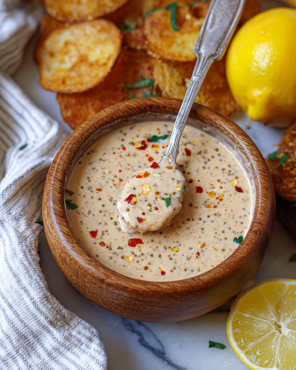 A close-up of a small wooden bowl filled with creamy sauce that has a light beige color with visible mustard seeds, green herbs, red chili flakes, and a slightly textured surface. A silver spoon rests inside the bowl, coated with the sauce. Around the bowl, there are golden-brown fried potato chips on a light striped cloth, a lemon wedge in the lower right corner, and a bright whole lemon in the background. The entire scene is set on a white marbled surface. Photo taken with an iphone --ar 4:5 --v 7