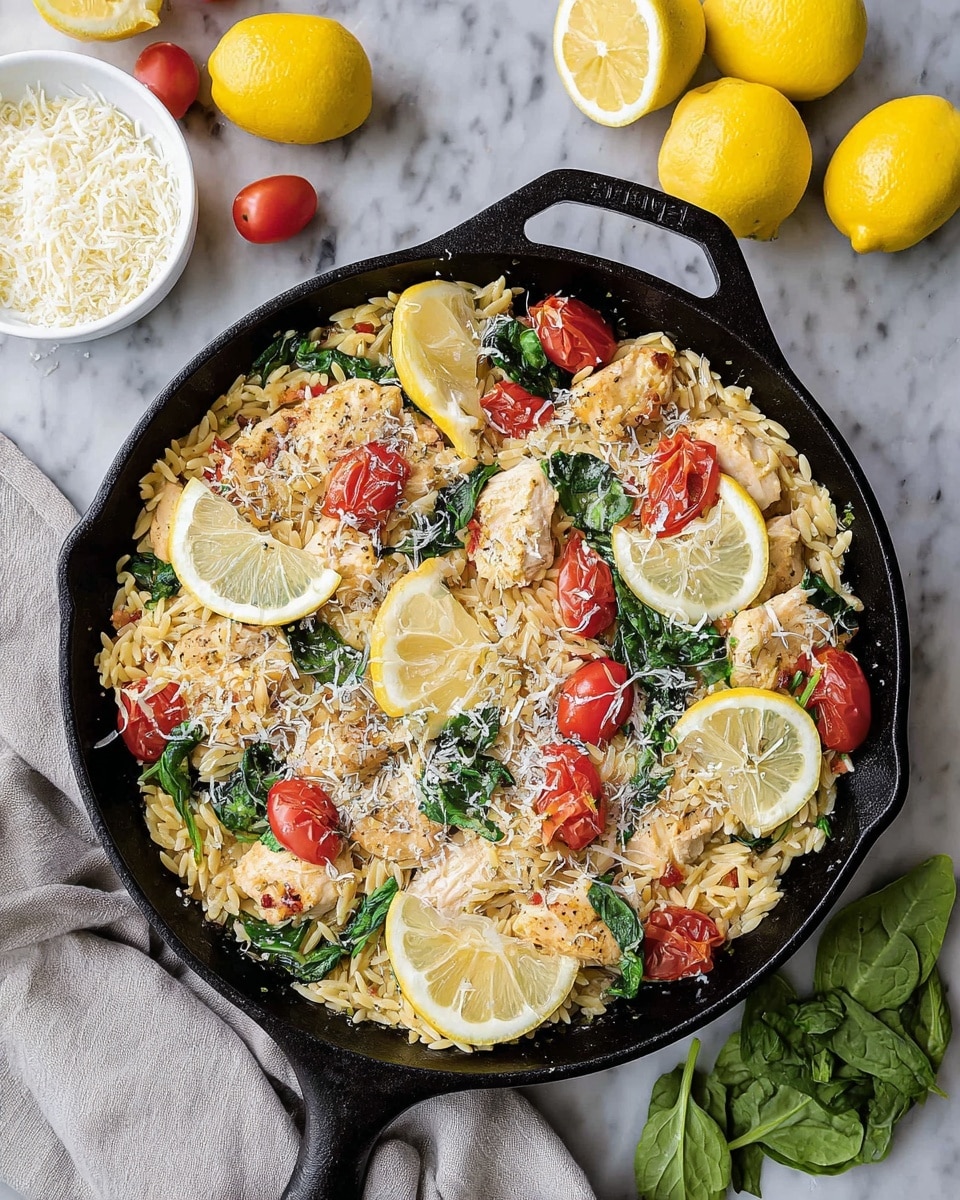 A black cast iron pan holds a dish with three main layers: the bottom layer is a bed of small, golden orzo pasta; the middle layer has pieces of light brown cooked chicken evenly spread out; the top layer includes bright red cherry tomato halves, fresh green spinach leaves, and sprinkled white grated cheese. Four lemon wedges with yellow rind and pale juicy centers sit on the right edge of the pan. The pan rests on a white marbled surface with whole lemons and cherry tomatoes scattered around, along with a small white bowl filled with grated cheese on the left side. A light gray cloth is draped nearby. Photo taken with an iphone --ar 4:5 --v 7