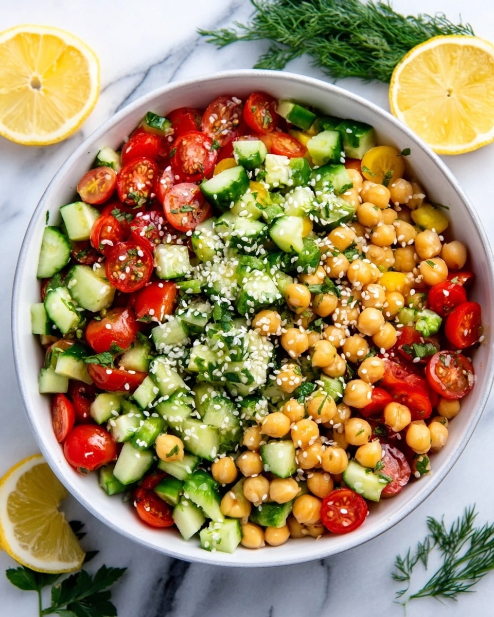 A white bowl filled with a colorful chickpea salad sits on a white marbled surface. The salad has four main layers: at the bottom, a layer of round yellow chickpeas; mixed throughout are chopped bright green cucumbers with a crisp texture; scattered pieces of red cherry tomatoes add a juicy contrast; small sprinkles of white sesame seeds are spread on top for a finishing touch. The colors are fresh and vibrant, and the bowl is surrounded by sliced lemon halves and green herbs in the background. Photo taken with an iphone --ar 4:5 --v 7