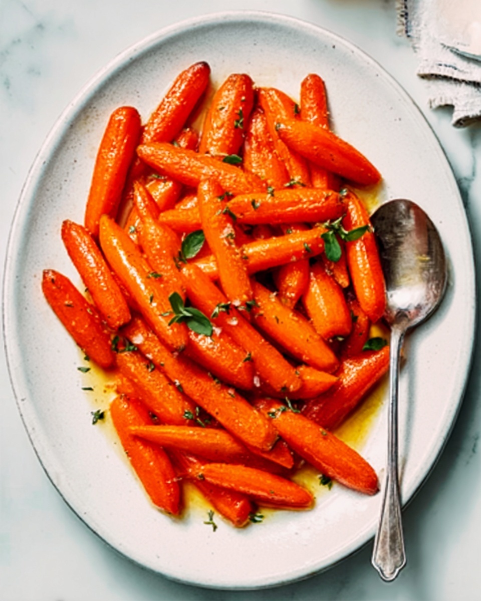 The image shows a white oval dish filled with about two layers of whole cooked carrots. The carrots have a bright orange color with some browning at the tips and edges, indicating roasting. Each carrot still has its green top attached, some slightly browned as well. There is a light sprinkling of green herbs and black pepper on top, giving a fresh and spiced look. The dish is placed on a white marbled surface. The photo taken with an iphone --ar 4:5 --v 7