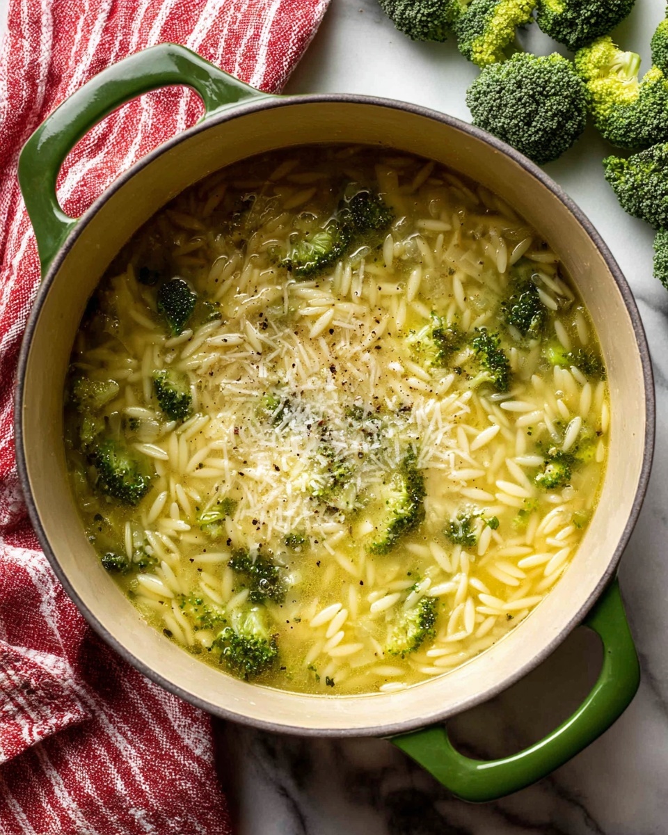 A round green pot filled with clear yellow broth with small pieces of orzo pasta floating throughout. There are small green broccoli florets mixed in the soup, with a light sprinkling of finely grated white cheese and bits of black pepper on top. The scene is set on a white marbled surface with a red and white striped cloth nearby and several green broccoli florets scattered around the pot. photo taken with an iphone --ar 4:5 --v 7