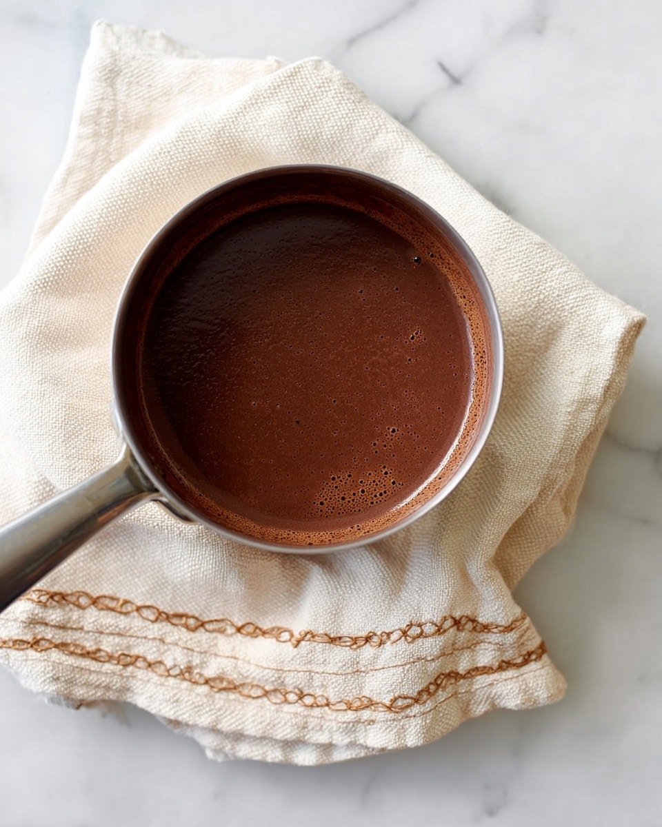 A small silver saucepan filled with a smooth, rich dark brown liquid, likely chocolate sauce, resting on a soft, off-white cloth with delicate brown stitching along the edges. The cloth is spread out on a white marbled surface which provides a clean and bright background. The saucepan's handle extends out to the left side of the image and the sauce inside appears thick with a shiny surface showing slight bubbles along the edges. photo taken with an iphone --ar 4:5 --v 7
