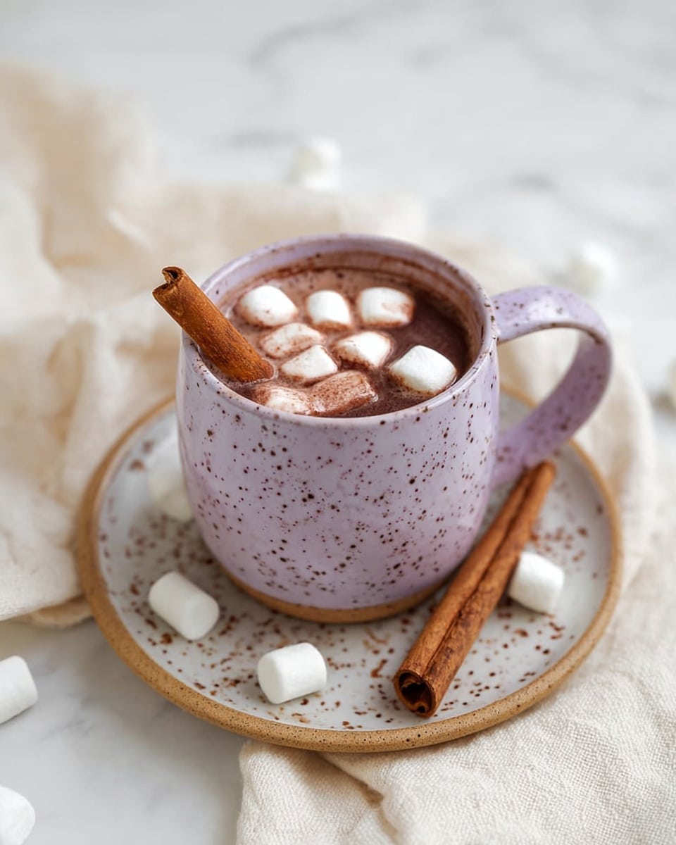 A light purple speckled ceramic cup filled with dark brown hot chocolate, topped with several small white marshmallows and a cinnamon stick placed inside the drink. The cup sits on a matching speckled white saucer holding two more cinnamon sticks. The setup is on a soft, cream-colored cloth over a white marbled textured surface. Photo taken with an iphone --ar 4:5 --v 7